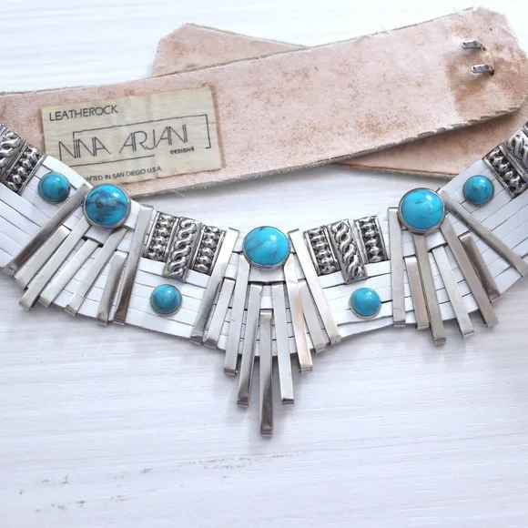 VINTAGE Nina Arjani western inspired turquoise/silver decor leather belt - Picture 5 of 5